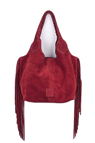 Bordo Renk Hakiki Deri Püskül Detaylı Kadın Çanta HOBO BAG