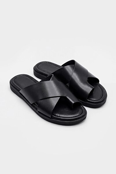 GIESTO Black Leather Slippers with Cross Straps