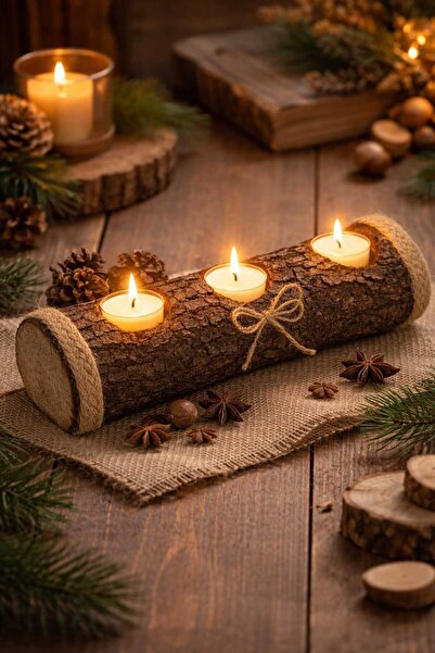 hobyes Rustik El Yapımı Doğal Kütük üçlü Tealight Mumluk (3 doğal soya wax Mu...