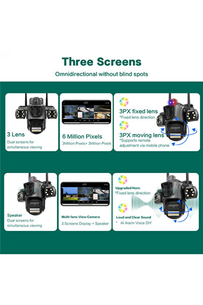 UNİBOX Cameră de supraveghere CCTV impermeabilă, securitate inteligentă pentru casă, rețea wireless, detecție mișcare, trei lentile, PTZ de exterior, 3 MP/9