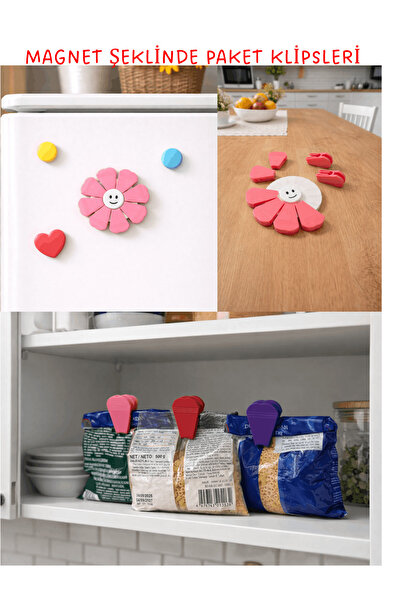 B2 Studio Çiçek Tasarımlı Mıknatıslı Paket Klipsi 8 Parça Döner Gövdeli Magne...