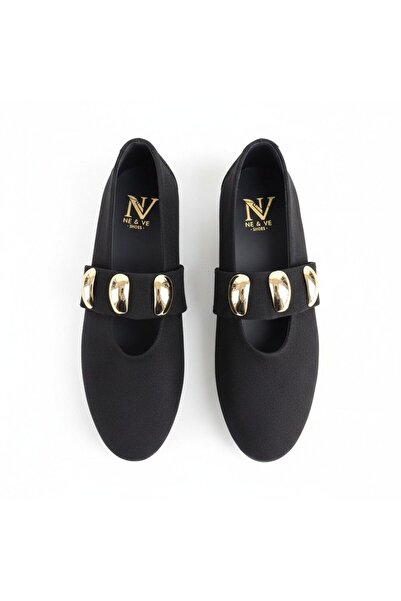 NE&VE SHOES Μαύρες σουέτ γυναικείες μπαλαρίνες με χρυσή λεπτομέρεια αξεσουάρ ...