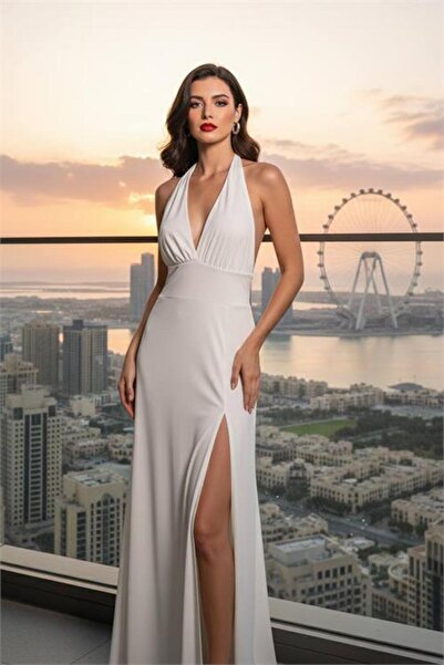 Neşeli Butik Γυναικείο λευκό φόρεμα με βαθύ σκίσιμο και λεπτομέρειες με κορδό...