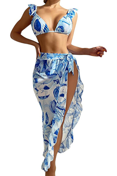 EFAYN.RO Women's swimsuit, 3 pieces, sexy model with floral print, size S, bl...