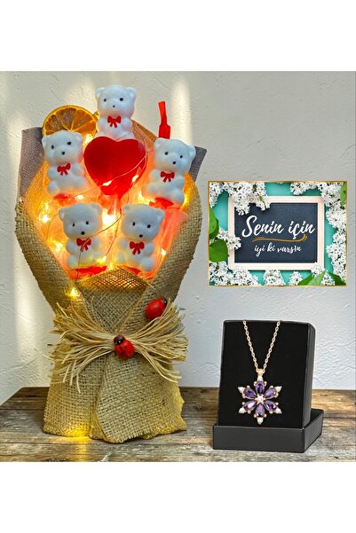 MEGA KANYON Led Işıklı Ayıcık Buketi ve Gerçek Ametist Taşlı Lotus Kolye Hedi...