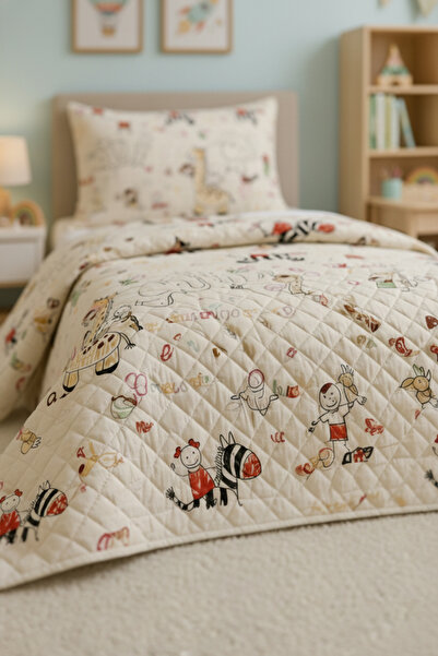 Mislina Home Safari Animal Pattern Quilted Cotton 4 Season Kids Teenager Pike Bedspread Set | Without Sheets 160X230