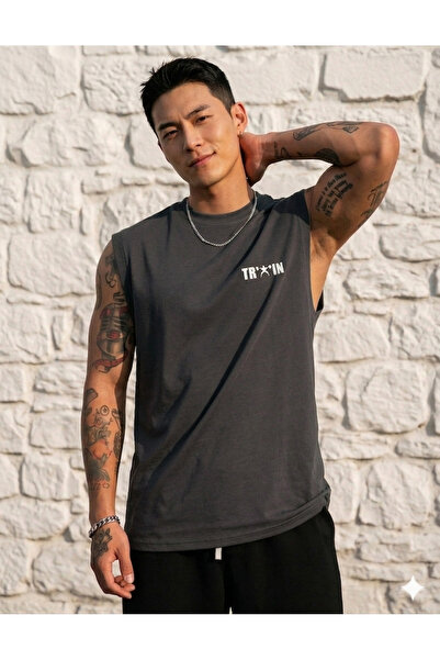 FAVORİST Ανδρικό μπλουζάκι με στάμπα TRAIN, με μηδενικά μανίκια