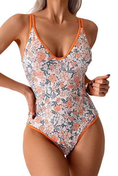 EFAYN.RO Swimsuit, one piece, cheerful, floral print, sexy neckline, orange, ...