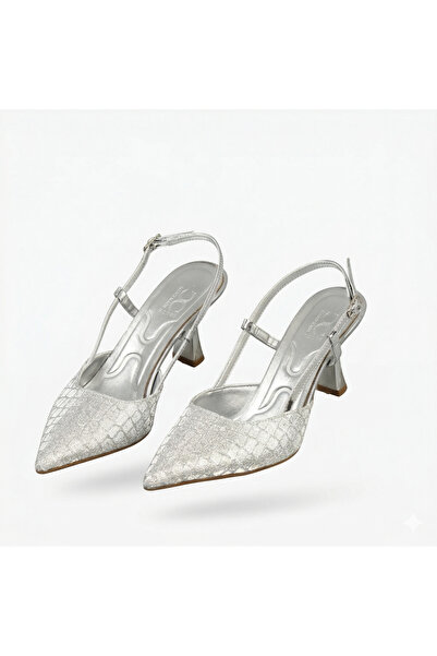 AYAKKABIMOOD Ασημί γυαλιστερά γυναικεία βραδινά παπούτσια με ανοιχτό τακούνι