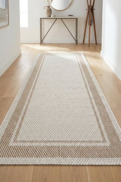 Bonny Home Koridor Halısı Kahve Bordürlü İnce Yıkanabilir Saçaksız Yolluk Jüt...