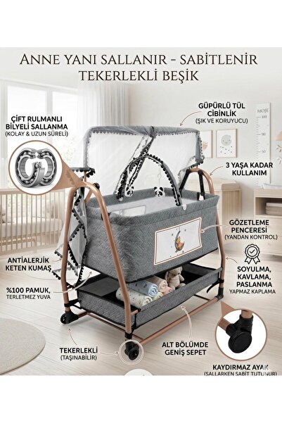 ÖYKÜ BEBEK DUNYASI Anne Yanı Sallanır Sabitlenir Tekerlekli Geniş Sepetli Beşik