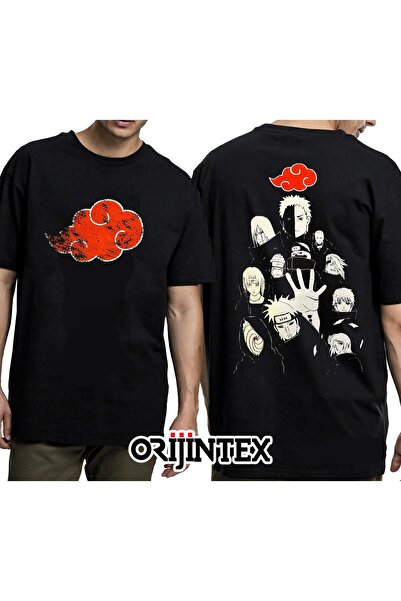 orijintex تيشيرت أسود للجنسين مطبوع من الأمام والخلف من فريق ناروتو أكاتسوكي