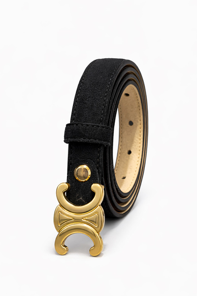 Velvoria Μαύρο χρώμα, γυαλιστερή χρυσή πόρπη, λεπτή ζώνη από σουέτ