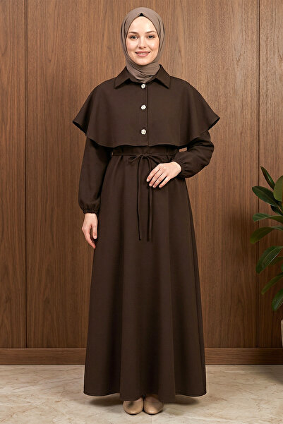 FERHEL Φόρεμα με λεπτομέρεια πέπλου χιτζάμπ και ελαστικά μανίκια - Καφέ