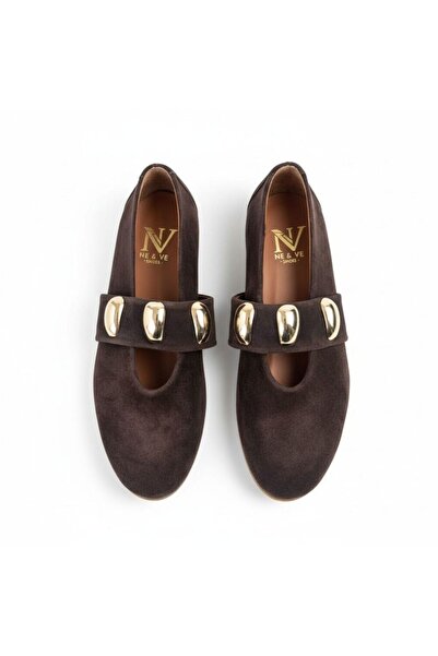 NE&VE SHOES Καφέ σουέντ χρυσό αξεσουάρ με λεπτομέρεια, ελαστικές γυναικείες κ...