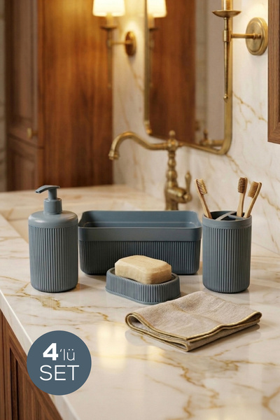 Vienev 4'lü Banyo Seti 550 ml Antrasit - Sıvı Sabunluk, Diş Fırçalık ve Çok A...
