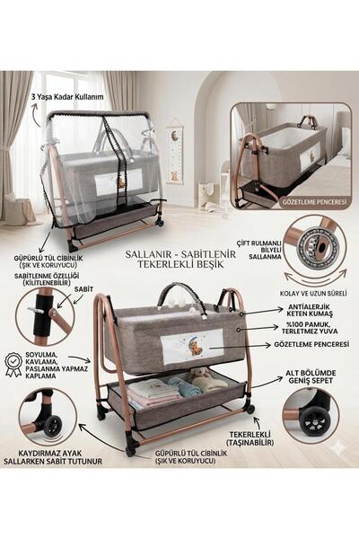ÖYKÜ BEBEK DUNYASI Anne Yanı Sallanır Sabitlenir Tekerlekli Geniş Sepetli Beşik