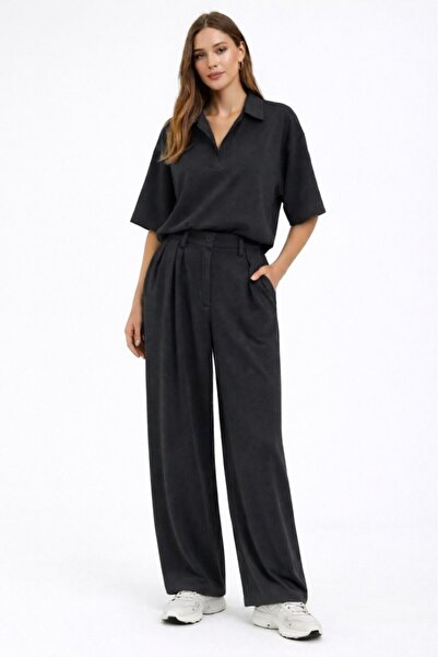 CGA Γυναικείο Σετ Modal Μαύρο Σετ Modal με Μπλούζα με Γιακά και Πλισέ Παντελό...