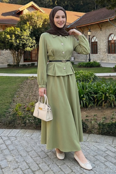 InStyle Λεπτή ζωνάτη πουκαμισένια φούστα σε πράσινο φιστικί, διπλό σετ