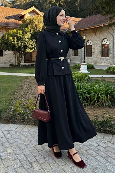 InStyle Λεπτή ζωνάτη πουκαμισένια φούστα, μαύρο διπλό σετ