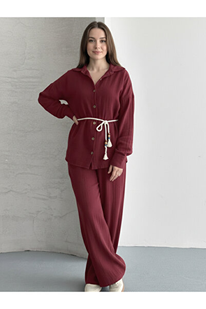 ZEYNEP RANA Βουργουνδί ύφασμα μουσελίνας, σετ δύο τεμαχίων, πουκάμισο και παν...