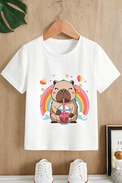 MECH BUTİK Μπλουζάκι με στάμπα Capybara, Unisex, μαύρο-λευκό, με κοντά μανίκια