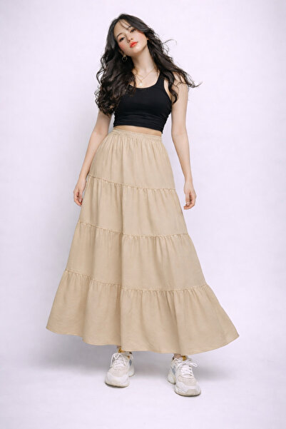 COMBİNE MİCHAİL Γυναικεία ψηλόμεση καλοκαιρινή μπεζ μακριά φούστα
