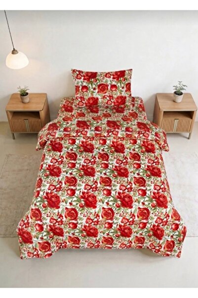 EVRİZON Σετ μονόπλευρης παπλωματοθήκης με σχέδιο ρόδι | Κόκκινο-Λευκό, Βαμβακ...