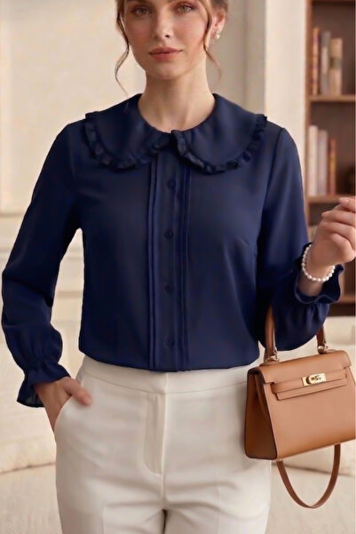 Fumel Γυναικείο πουκάμισο με βολάν σε μπλε ναυτικό χρώμα και γιακά μωρού