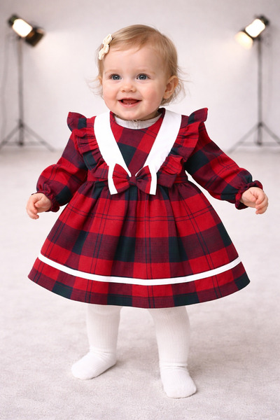 Baby Girl Red Plaid Ruffle Detailed Bowtie Holiday Dress