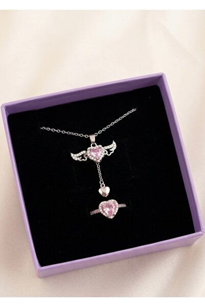 shop SEVGİ MELEĞİ KOLYESİ İLE AYARLANABİLİR PEMBE YÜZÜK SETİ ÇELİK