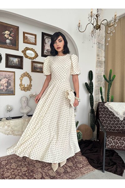 MODA DURAĞI Balloon sleeve polka dot maxi dress - premium long length - ecru