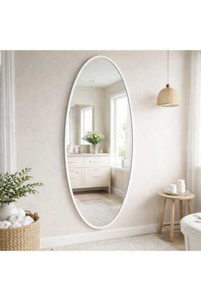 Aypars Atölye Modern Oval MDF çerçeve Boy Aynası 40x120 cm – İnce Beyaz Çerçe...