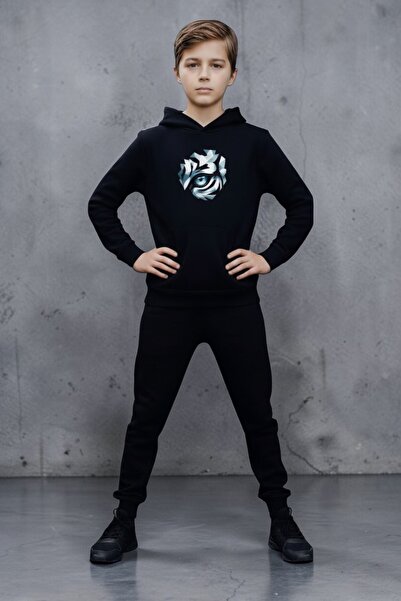 han elegant Σετ φόρμας με κουκούλα και τσέπες για αγόρια με στάμπα Lion Portrait