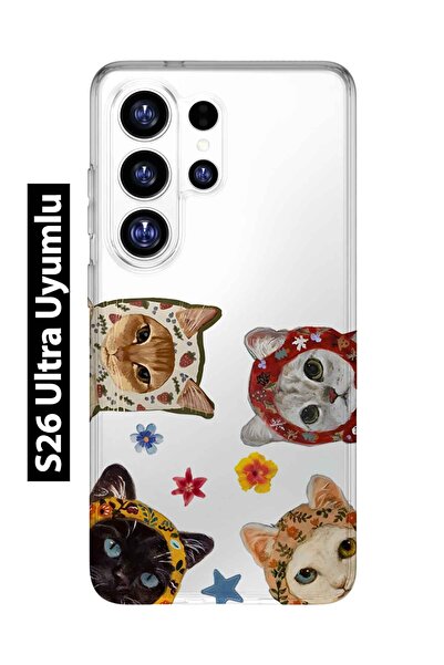 FLAMENKO Samsung Galaxy S26 Ultra Uyumlu Sevimli Kediler Desenli Şeffaf Telef...