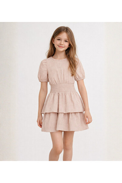Meşe Moda Κοριτσίστικο βαμβακερό φόρεμα με λαιμόκοψη, διπλό στρώμα, καρό, κον...