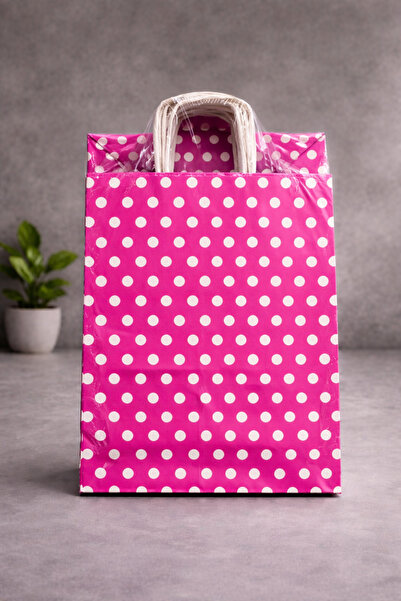 Atölye Kraft Puantiyeli Fuşya Renk Kraft Çanta 25x12x31 cm 25 Adet