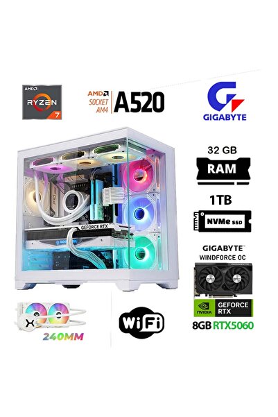 XASER Giga X60 Ryzen 7 5700X 32GB Ram 1TB M.2 NVMe SSD 8GB RTX5060 Sıvı Soğut...