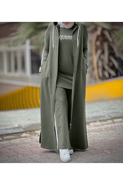 moda4b Kadın 3 Parça Uzun Kapüşonlu Eşofman Takımı İki İplik Pamuk Fermuarlı ...