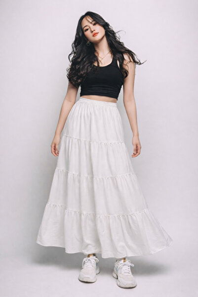 COMBİNE MİCHAİL Γυναικεία ψηλόμεση καλοκαιρινή πολυεπίπεδη λευκή μακριά φούστα