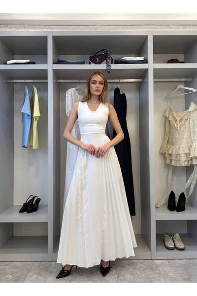 FLOWERİNG Γυναικείο λευκό μακρύ φόρεμα με πιέτες