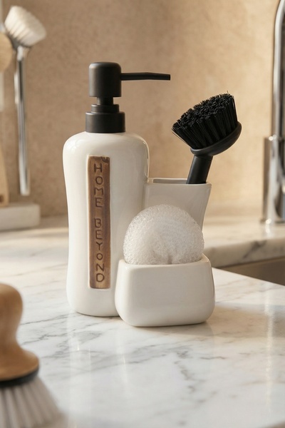 ACAR Δοχείο υγρού σαπουνιού Vilya με θάλαμο σφουγγαριού & βούρτσας, λευκό - 4...