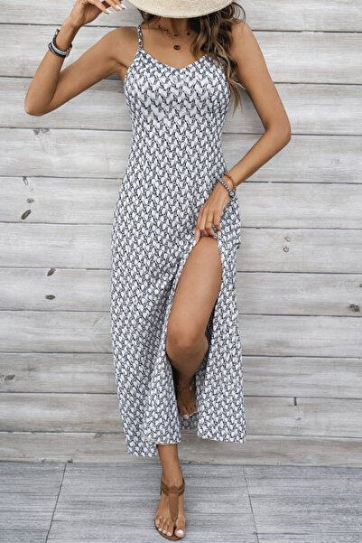 JANES Women's Rope Strap V-Neck Slit Long Single Jersey Dress