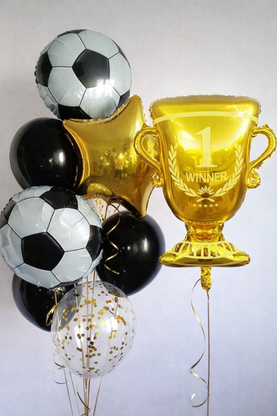 MERİ PARTİ Football Themed Championship Trophy Balloon Set – Black Gold Conce...
