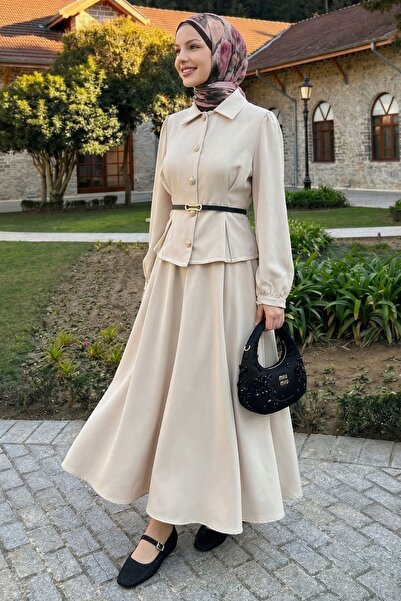 InStyle Λεπτή ζωνάτη πουκαμισένια φούστα Μπεζ διπλό σετ