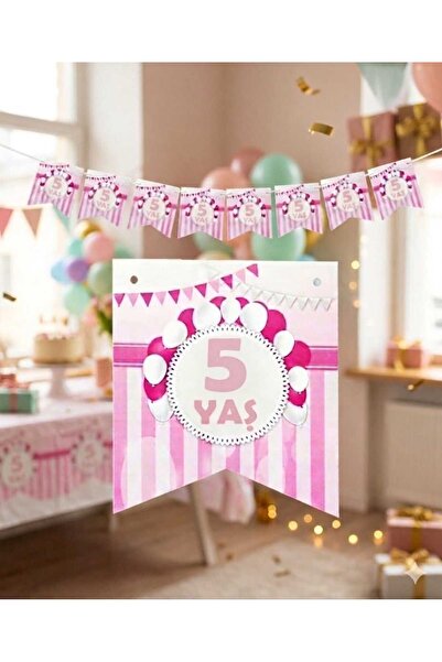 ÇEÇEN HOME Ροζ Σημαία Γενεθλίων 5 ετών με Σχέδιο Χάρτινης Σημαίας (Σημαία: 17...