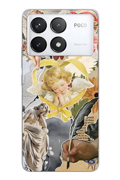 FLAMENKO Poco F6 Pro Compatible Transparent Phone Case with Angels and Sculpture Collage Pattern