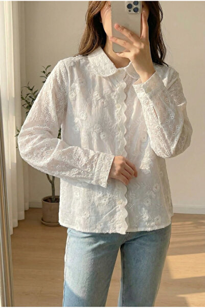 FEMELLE Γυναικείο πουκάμισο με λευκά μανίκια και λεπτομέρεια κέντημα με κοχύλ...