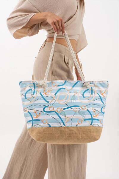 Çanta Trend Μεγάλη χαλαρή τσάντα παραλίας με ψάθινη λεπτομέρεια και σχέδια