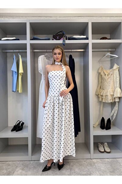 FLOWERİNG Γυναικείο λευκό φόρεμα πουά χωρίς τιράντες με σάλι